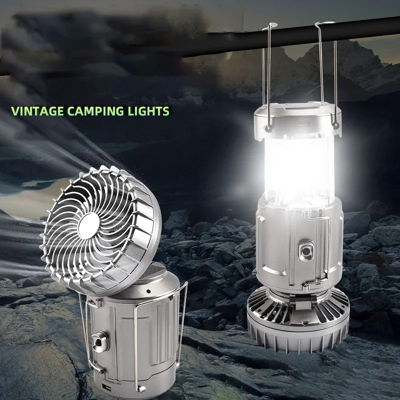 LED Solar Camping Lights Portable with Fan Solar Charge Rechargeable Night Light Hanging Tent Fish Flashlight Multifunction Lamp