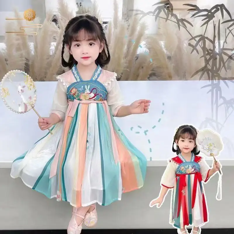 Girls Hanfu Summer Children's Embroidered Tang Dress Super Xianru Dress Little Girls Chiffon Western-style Ancient Dress