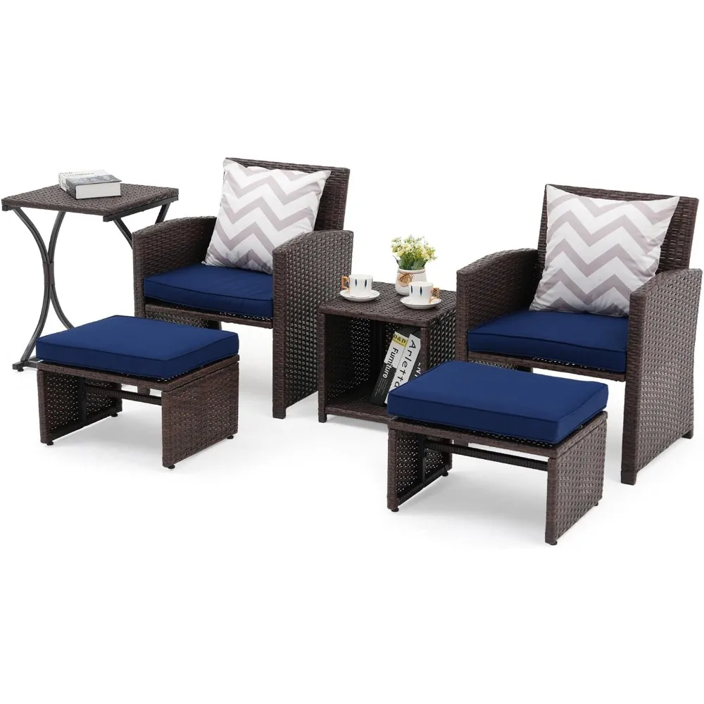 6 Piece Patio Wicker Furniture Set, Balcony All Weather Rattan Chair, with Space Saving Ottoman, Resin Nesting Coffee Table,
