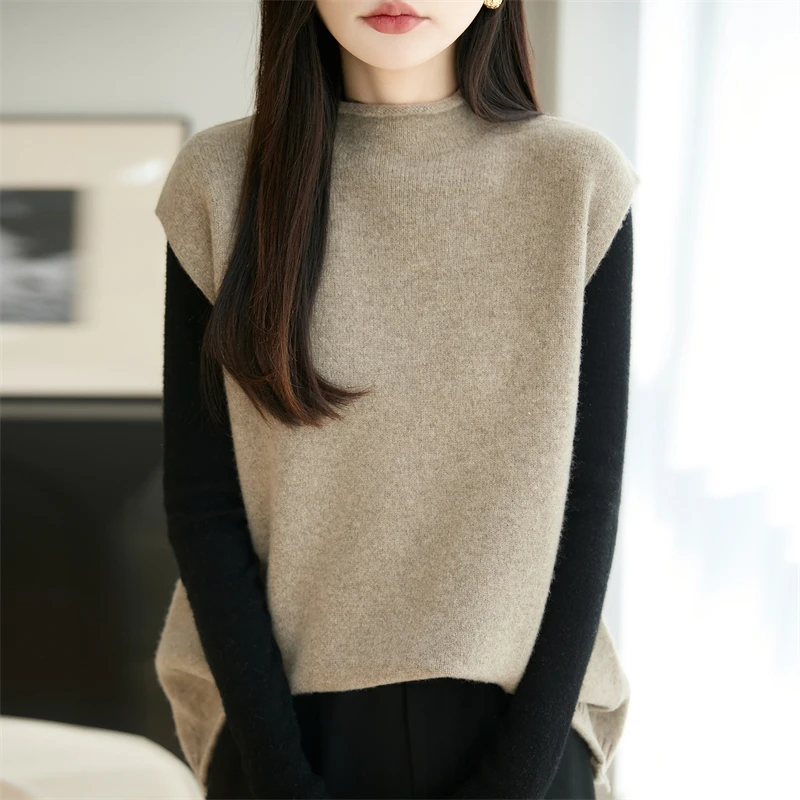 100% wool women's O-neck vest solid color knitted sleeveless sweater autumn and winter coat women's 26 new style pullover vest
