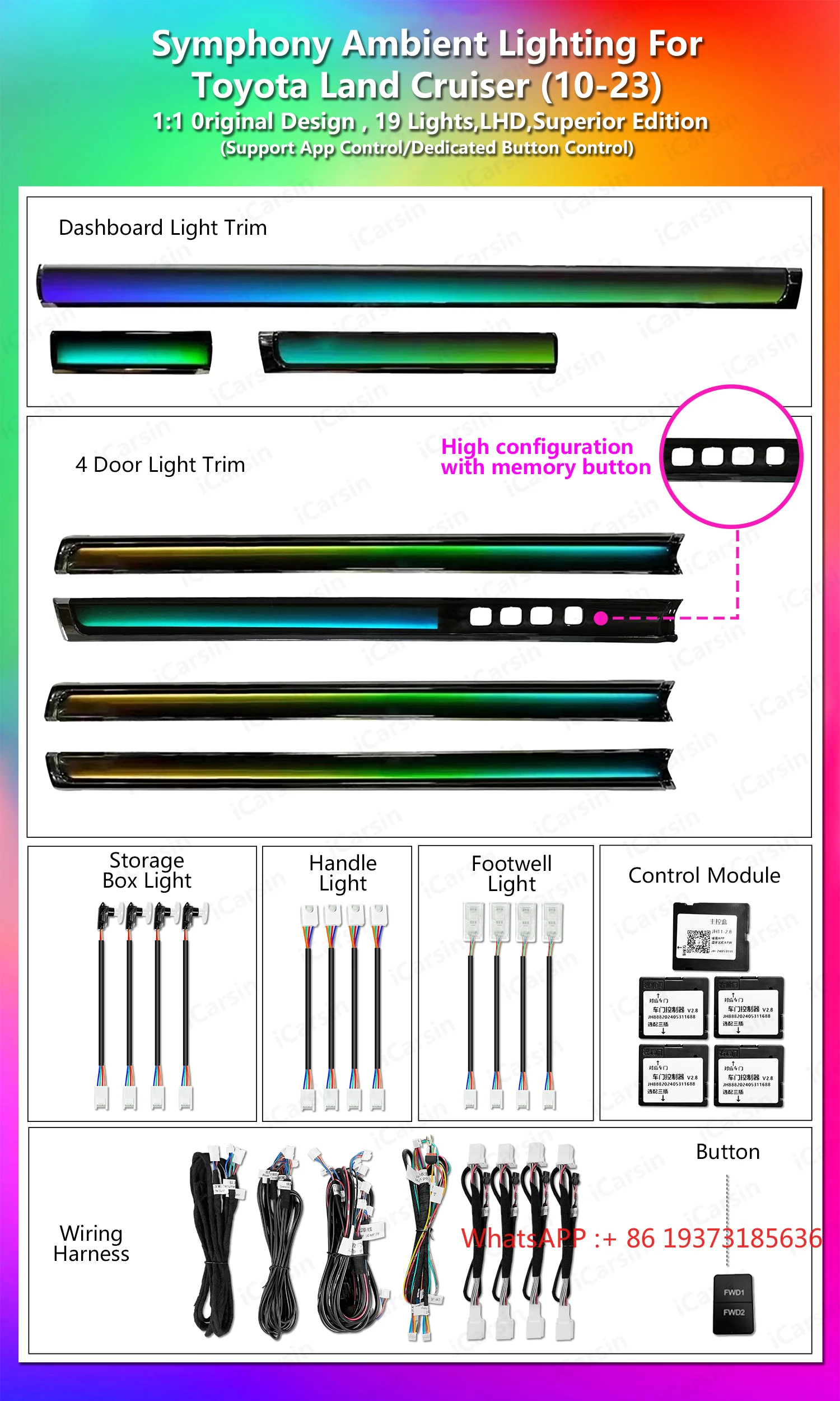 ICarsin Upgrade Led Car Interior Ambient Light for Toyota Land Cruiser 200 2010-2023 With Memory Seat Buttons Strip Accessories