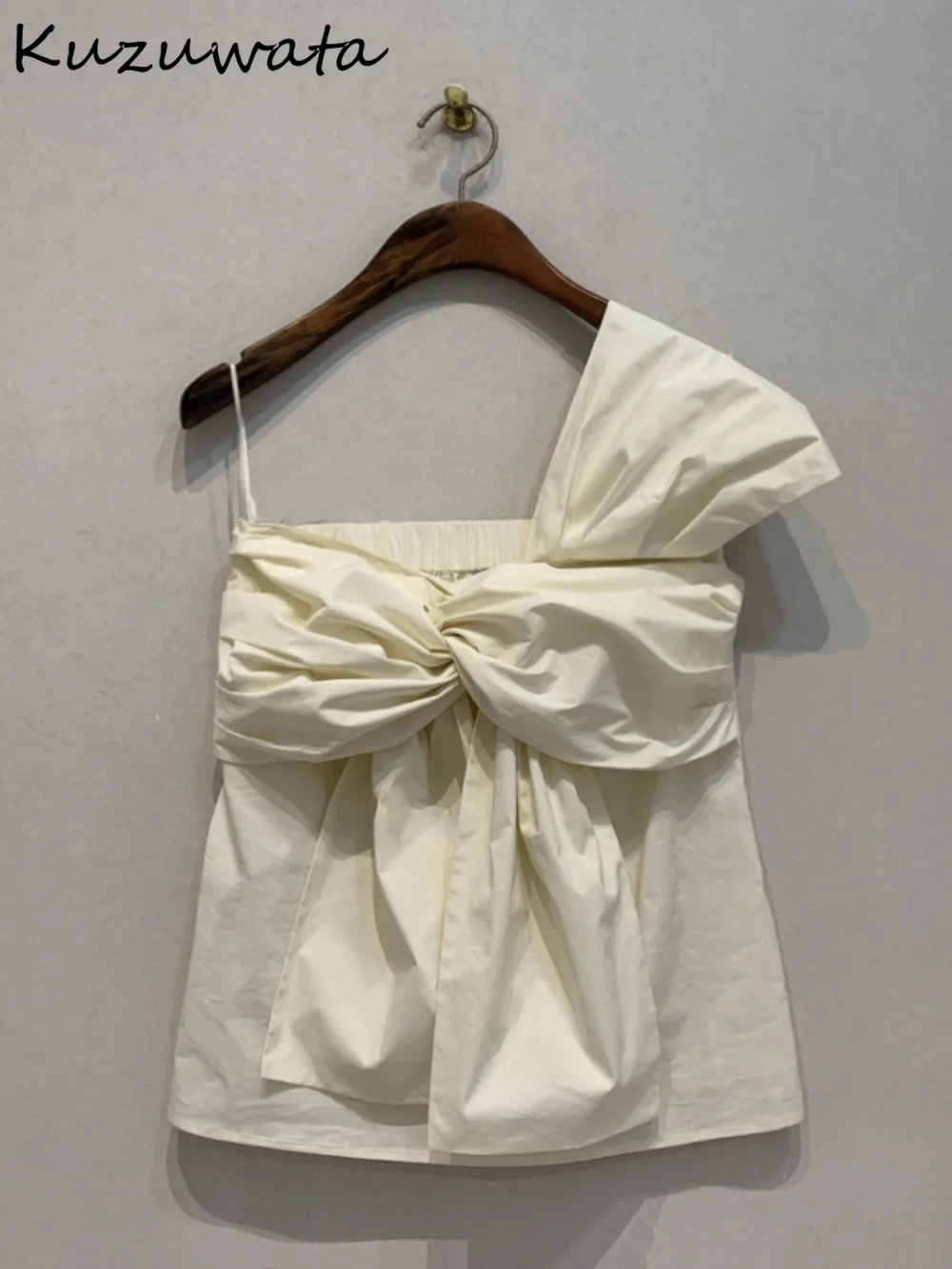 Kuzuwata Casual Sweet One-shoulder New Sling Shirt Simple Loose Soft All-match Ruched Blouses Japan French Style Slim Bow Blusas