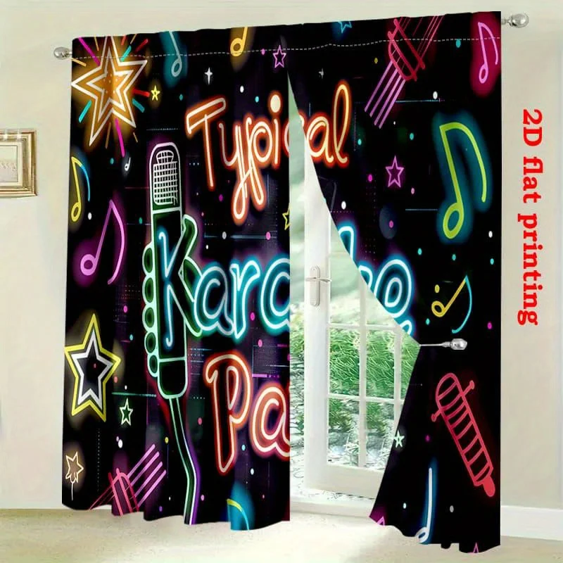 Neon Karaoke Party Curtain, Colorful Music Microphone Print Drape, Retro Disco Window Treatment for Living Room Bedroom Home