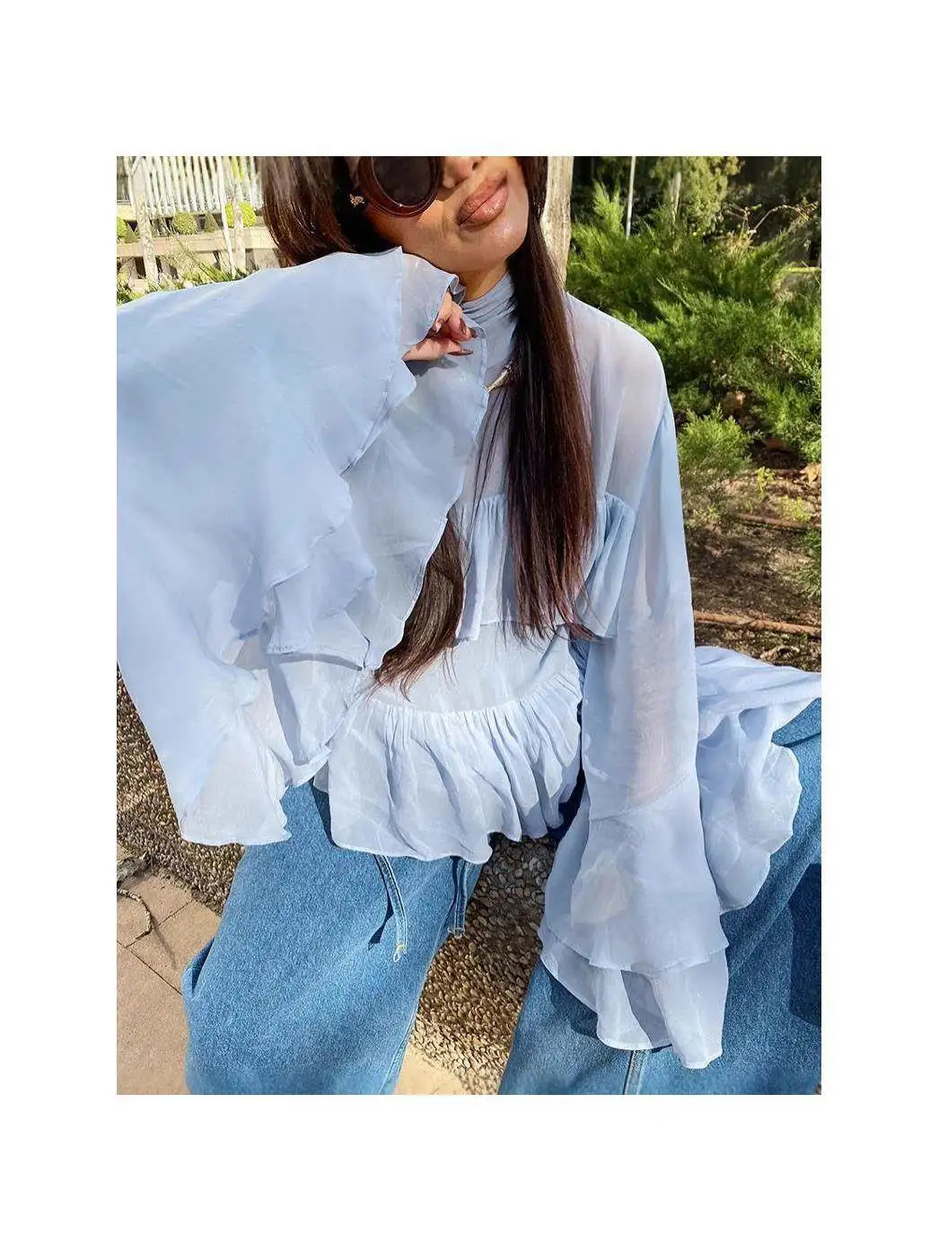 

Faionable Flared SVE Ruffle Top Long Sved irt Commute Sle Knot Long Sve High Collar Ultra ort Ultra Thin