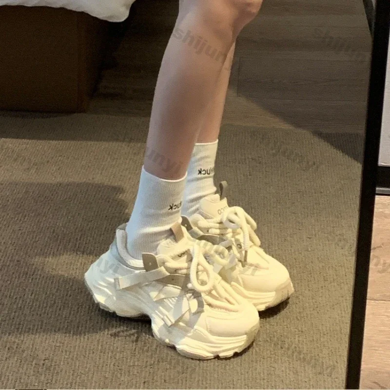 Women Chunky Platform Sneakers 2025 Spring New Thick Soles Comfort Thick Bottom Shoes Ladies Thick Soles Lace Up Casual Shoes