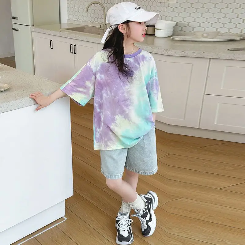 Girls Summer Short Sleeve Set Kids Girls Summer 2026 Cotton Children Stylish New Tie Dye Half Sleeve