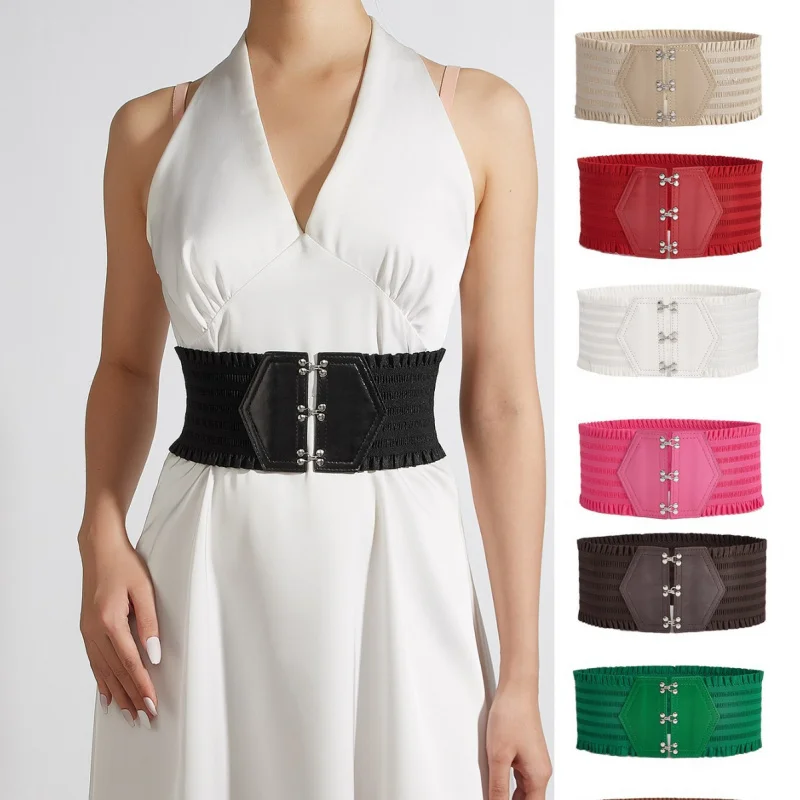 Candy Color Lotus Leaf Edge Wide Elastic Three Buckle Women Waistband Belt Fashion Dress Coat Sweater Cummerbund for Ladies