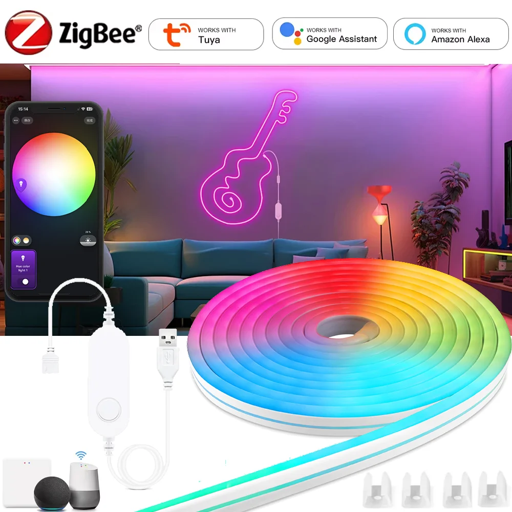 

1-5M Zigbee 3.0 USB RGB Neon LED Strip Lights Waterproof Neon Strip Lamp Dimmable Flexible Tape Voice Control for TV Night Light
