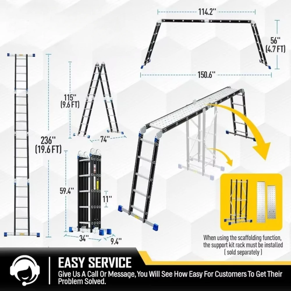 Folding Step Ladder, 19.6ft, 7 in 1 Multi-Purpose Folding Adjustable Telescoping Aluminium Extension Ladders, 330lbs