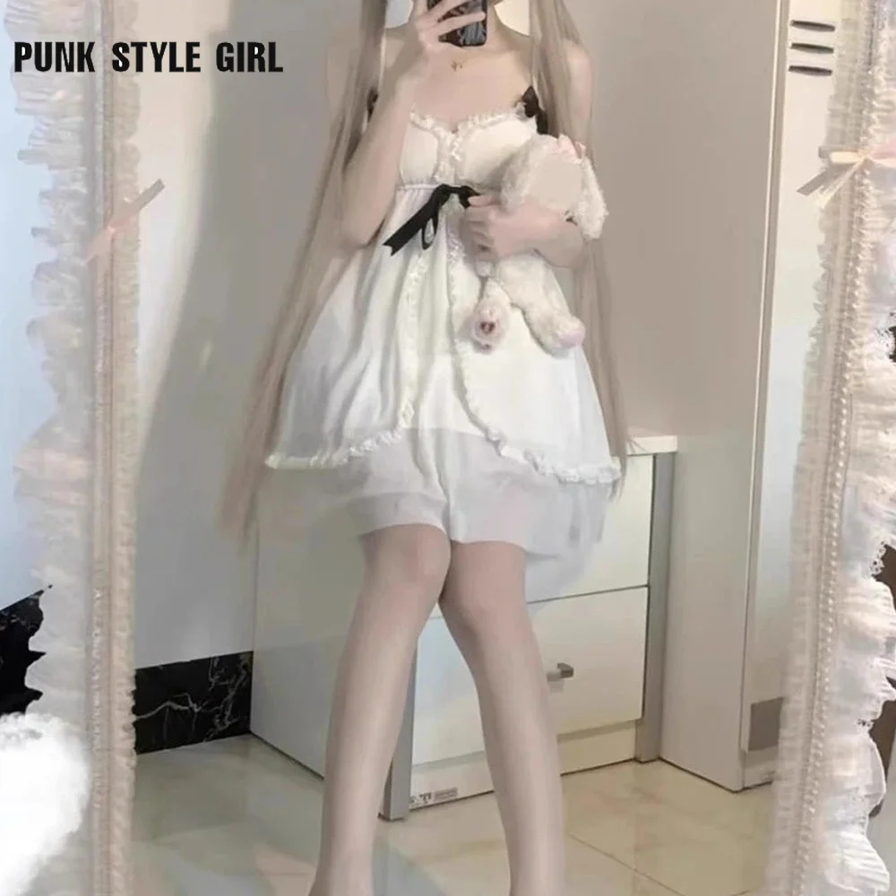 Bianco dolce anime costume cosplay ragazza dolce lolita vestito fionda sexy kawaii pigiama giapponese camicia da notte estiva volant indumenti da letto
