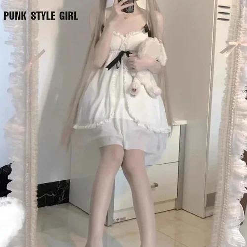 Imagen 2 del producto Blanco dulce Anime Cosplay disfraz chica dulce vestido de Lolita Sling Sexy Kawaii pijama japonés camisón de verano ropa de dormir con volantes