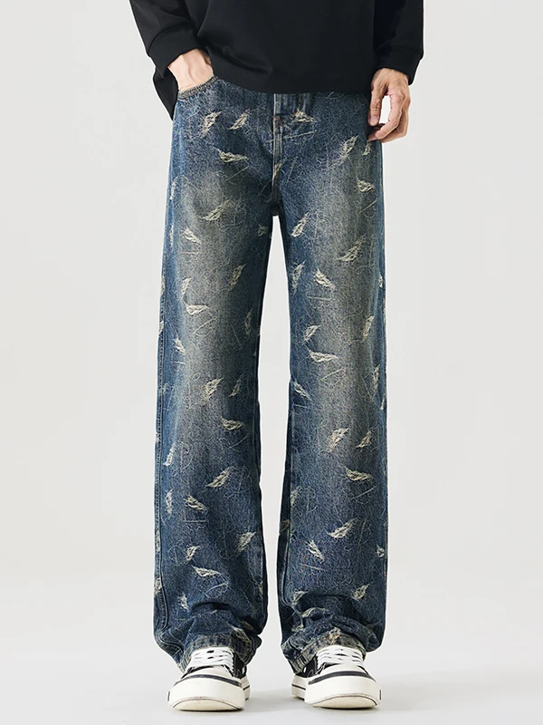 

Retro American Printed Denim Jeans Men's Loose Straight Leg Long Pants Versatile Trendy Casual Wear Resistant Durable