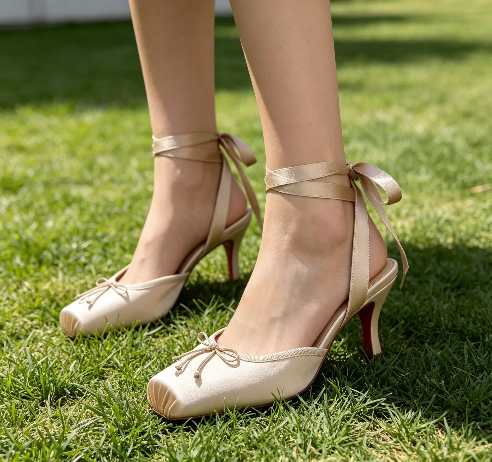 Nude Satin Lace Up Heels for Women, Square Toe Kitten Heel Sandals with Bow, Elegant Red Sole Slingback Pumps for Wedding Party
