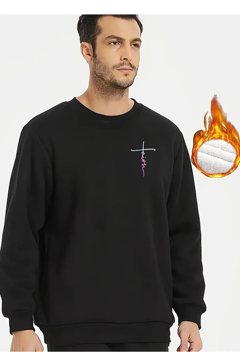 Men Black Plush Fleece Lined Sweatshirt Minimal Faith Cross Print Crew Neck Long Sleeve Casual Warm Pullover For Cold Weather