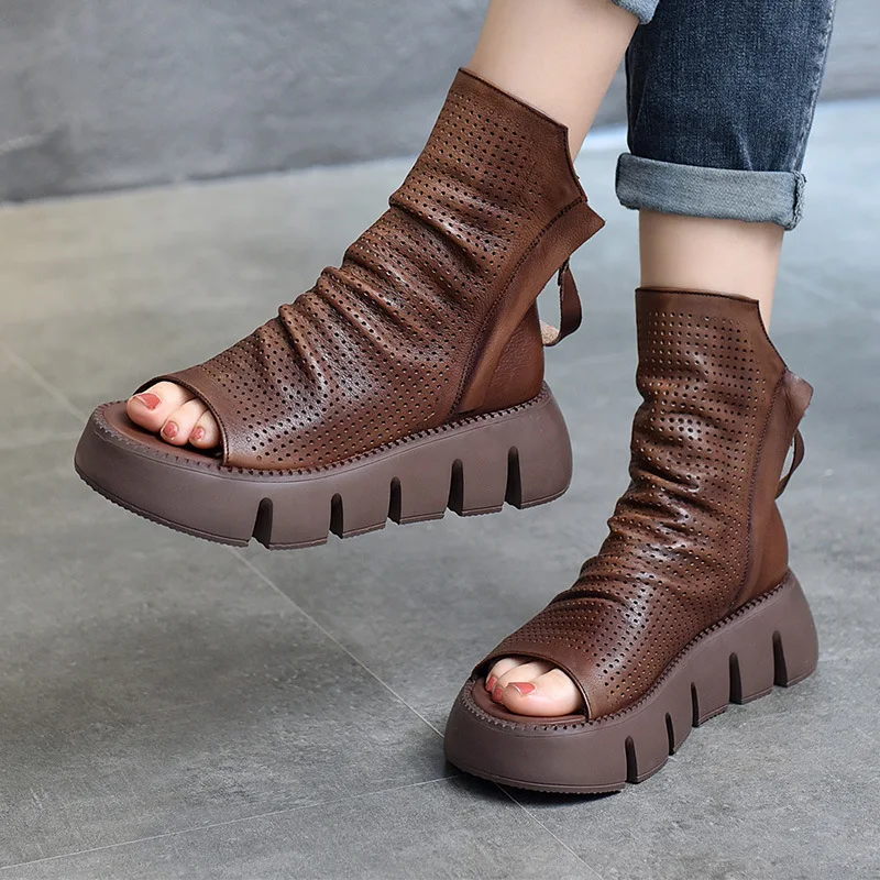 2021 spring and summer new fashion platform shoes cowhide cold boots leather cave shoes fish mouth shoes