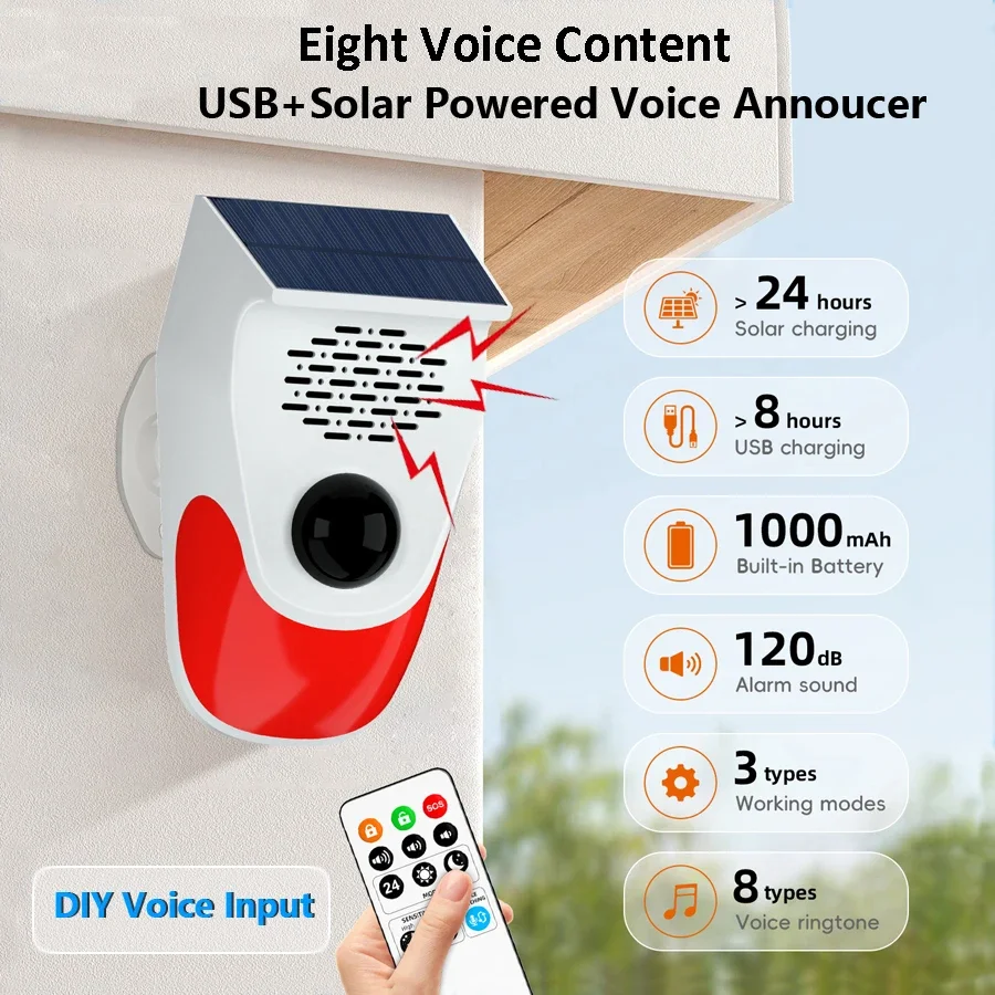 Solar Alarm System Voice Player Wireless Recordable Voice Announcer Driveaway Alarm Stobe Light Home/Garden Security Siren