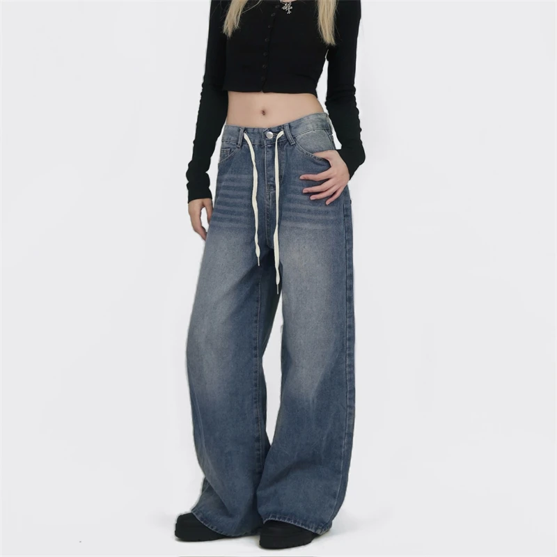 

Women's Drawstring Design Retro High Waist Jeans High Waist Personalized Trousers Cool Girl Casual Bottoms Female Street Pants