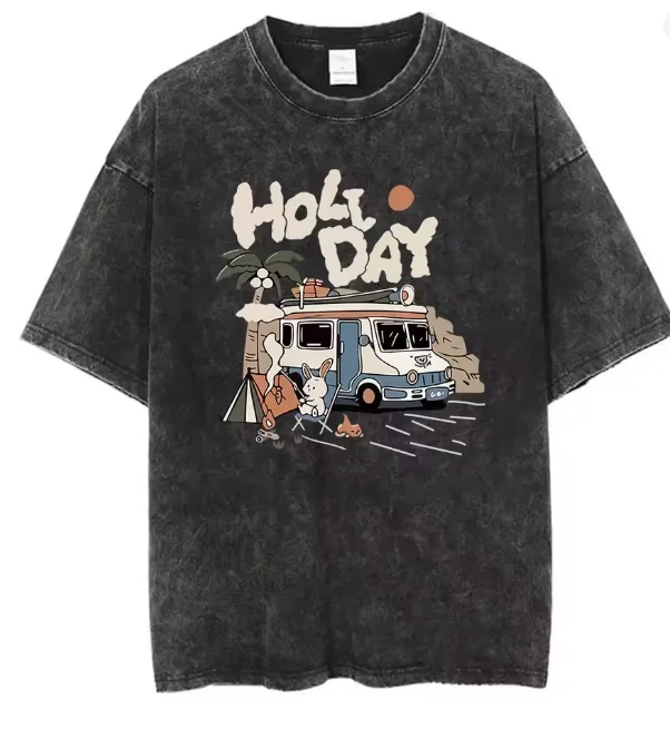 Vintage Daisy Flower T-Shirt Wash Summer Cartoon Holiday Harajuku Aesthetic Streetwear Shirt Unisex Pattern Printed