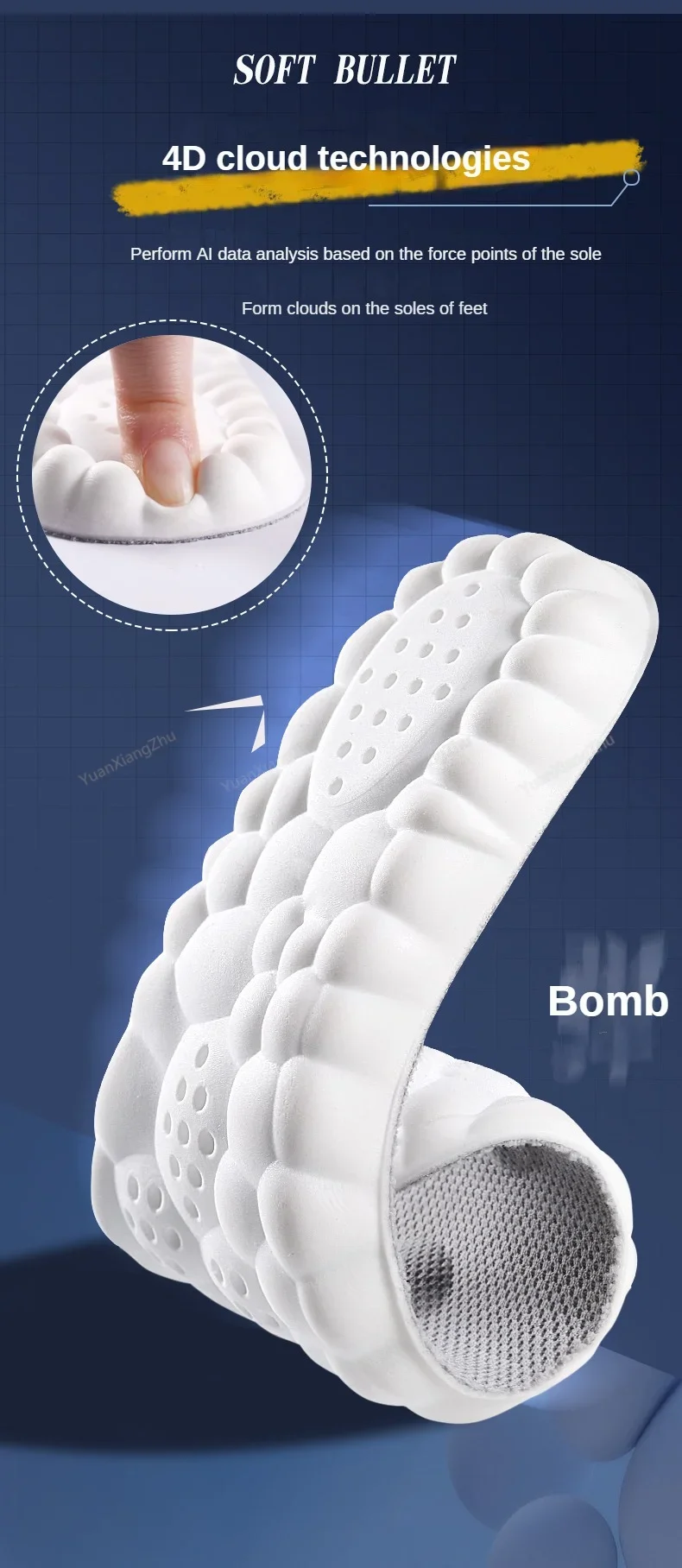 Popcorn Cloud 4D-Einlegesohlen, Plantarfasziitis-Entlastung, Einlegesohle, Fußgewölbeunterstützung, orthopädische Einsätze, Stoßdämpfung, warme Winterpolster – Detail 3