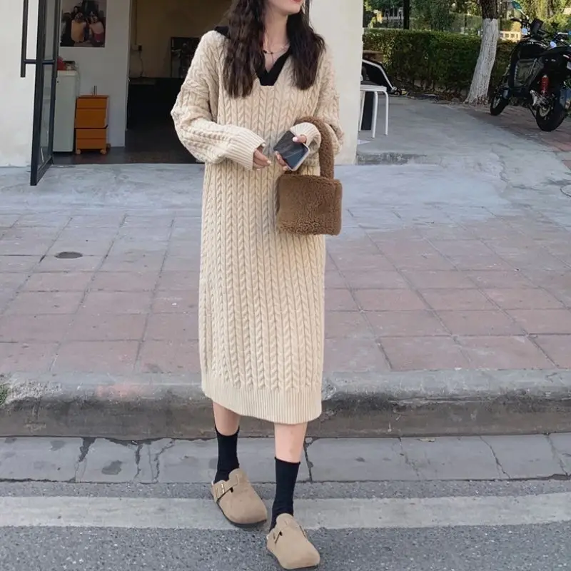 

Fashion Women V-neck Long Dress Autumn Winter Long Sleeve Ribbed Knitted Dresses Lazy Style Sweater Dress