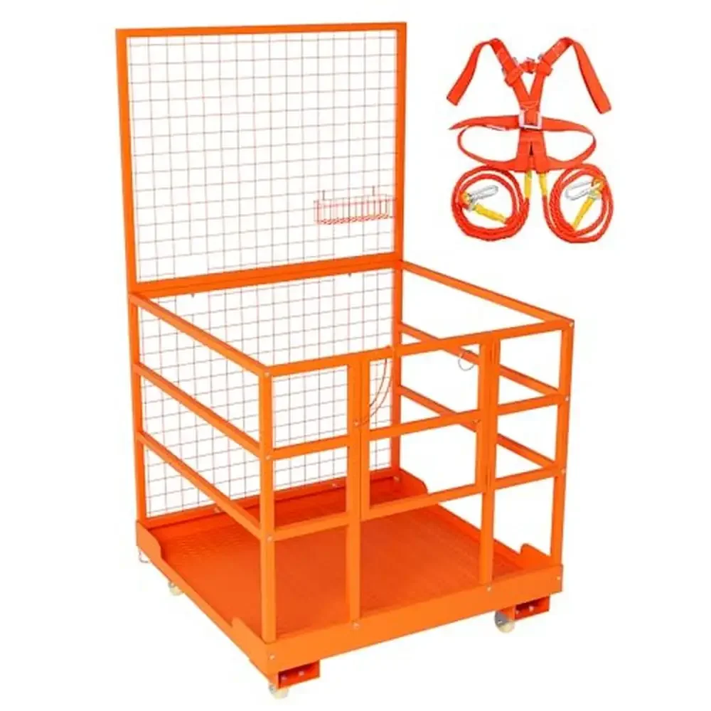 Forklift Work Platform Safety Cage Harness Wheels 1400lbs Load Capacity Compact Design Galvanized Finish Multi-Purpose Use