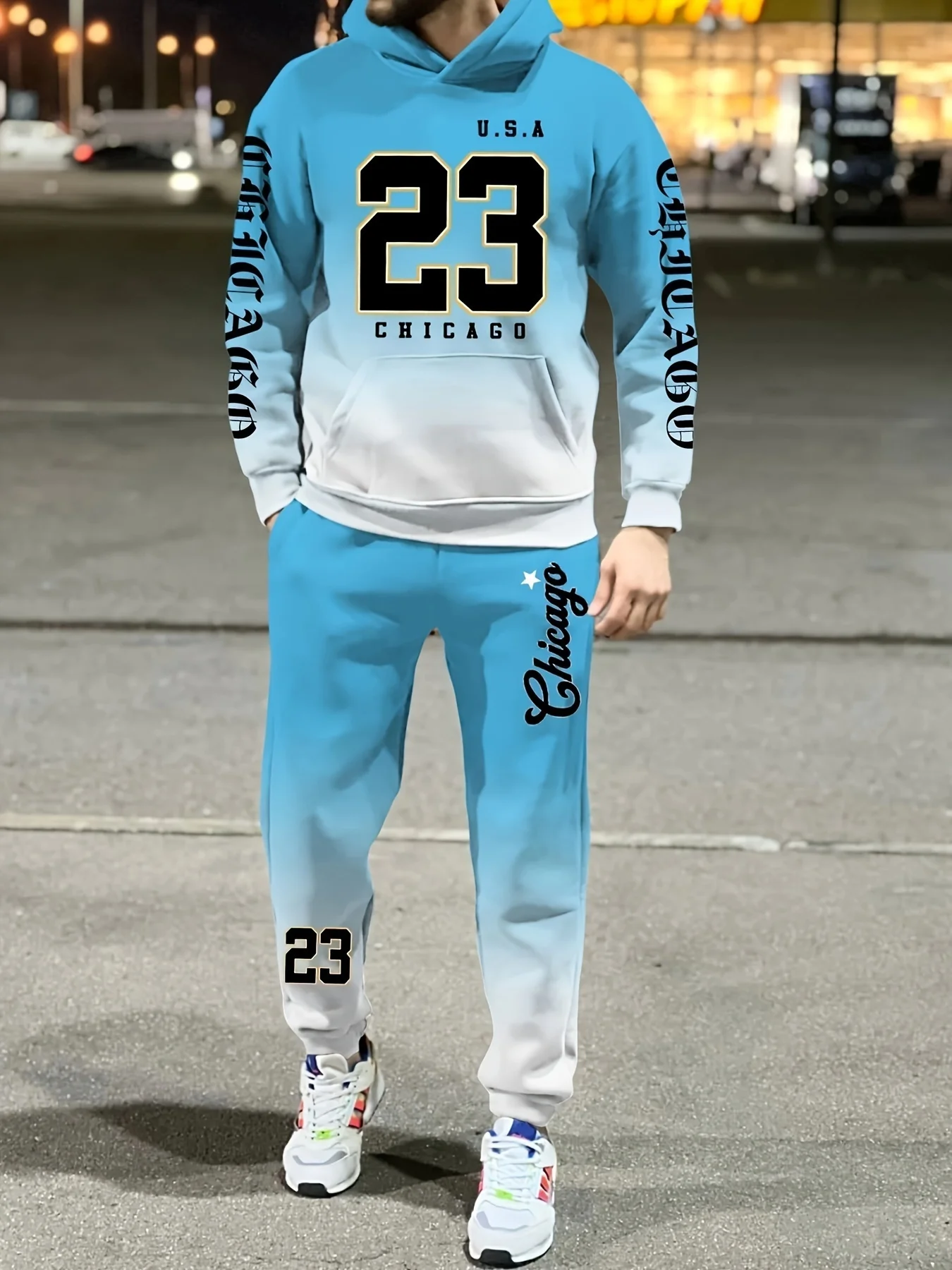 Mais recente outono/inverno americano rua gradiente alfabeto y2k design conjunto com capuz na moda masculina 3d grande adulto calças de cintura