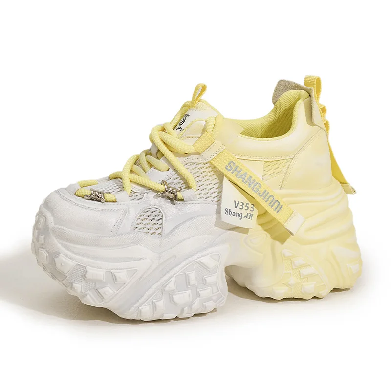 

Женские кроссовки на платформе 9 см, летние спортивные туфли для папы на шнуровке, повседневная обувь с высоким берцем, массивная повседневная обувь, женская дышащая сетчатая обувь на толстой подошве