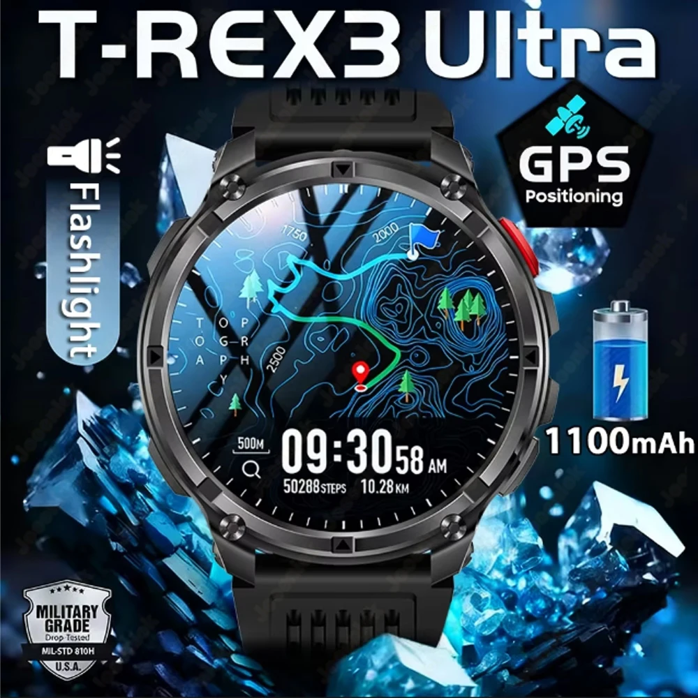 

Новые смарт-часы T-Rex3 GPS 2026 года для активного отдыха, аккумулятор 1100 мАч, водонепроницаемость 3ATM, мониторинг здоровья, Bluetooth-звонки, для мужчин, спортивные