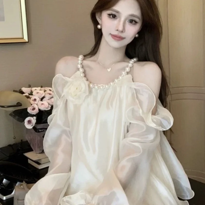 

Рубашка с листьями лотоса, милый топ с открытыми плечами и длинными рукавами, расшитый бисером, 2022, новый стиль с нежным цветком