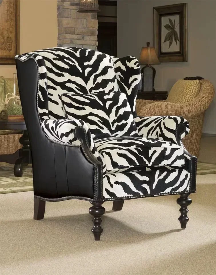 high back zebra print sofa living room solid wood tiger chair retro leather leisure chair single sofa