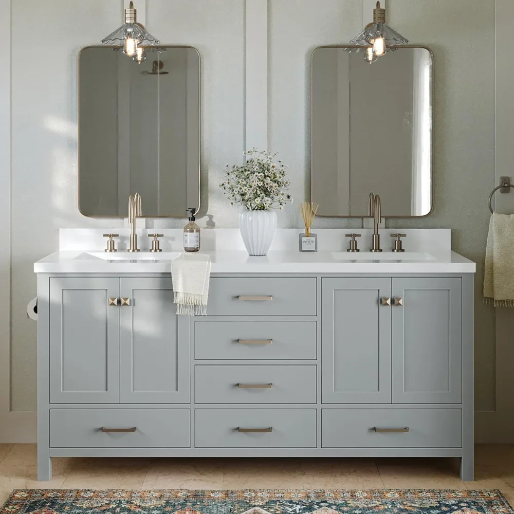 

Double Bathroom Vanity 73" Grey w/1.5" Edge Pure White Quartz Countertop 4 Soft Closing Doors, 6 Full Extension Dovetail Drawers