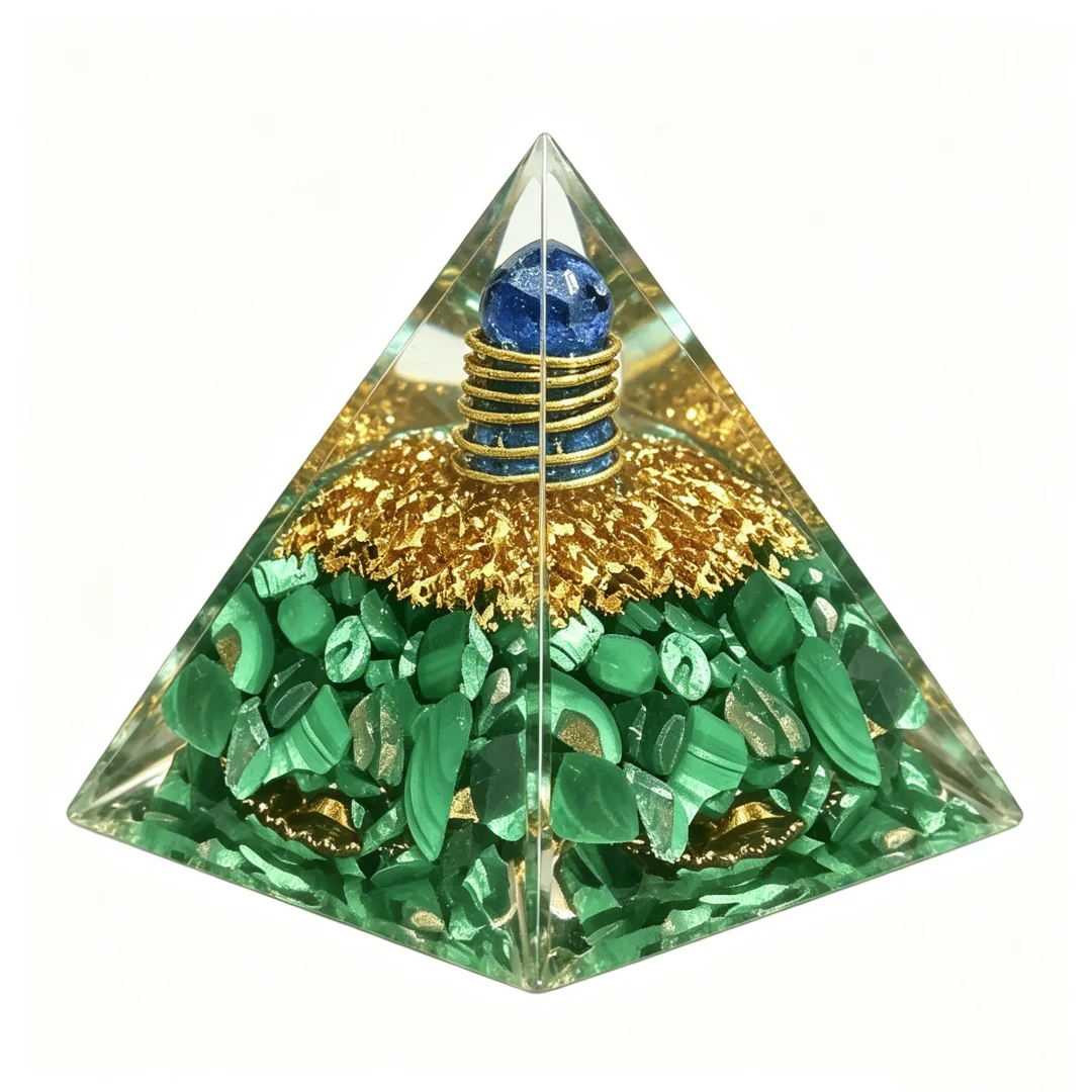 1pc Orgone Pyramid Malachite with Lapis Lazuli Sphere Copper Coil Energy Generator Orgonite Pyramid for Reiki Healing Home Decor