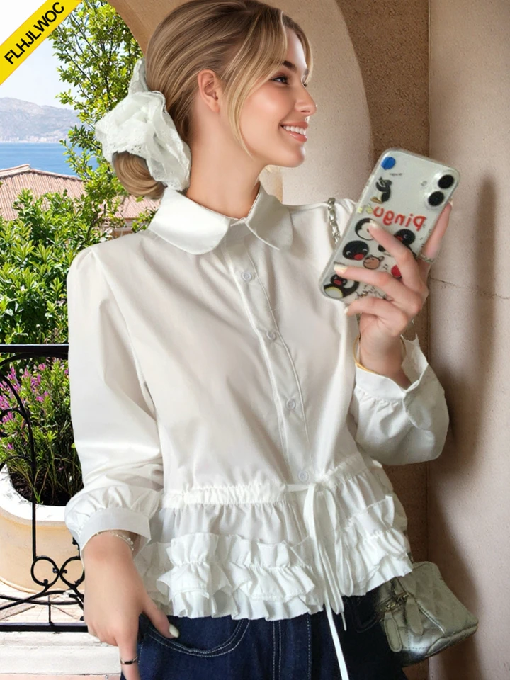 Shirring Slim Waist Peplum Tops Blouses New Design 2025 Spring
