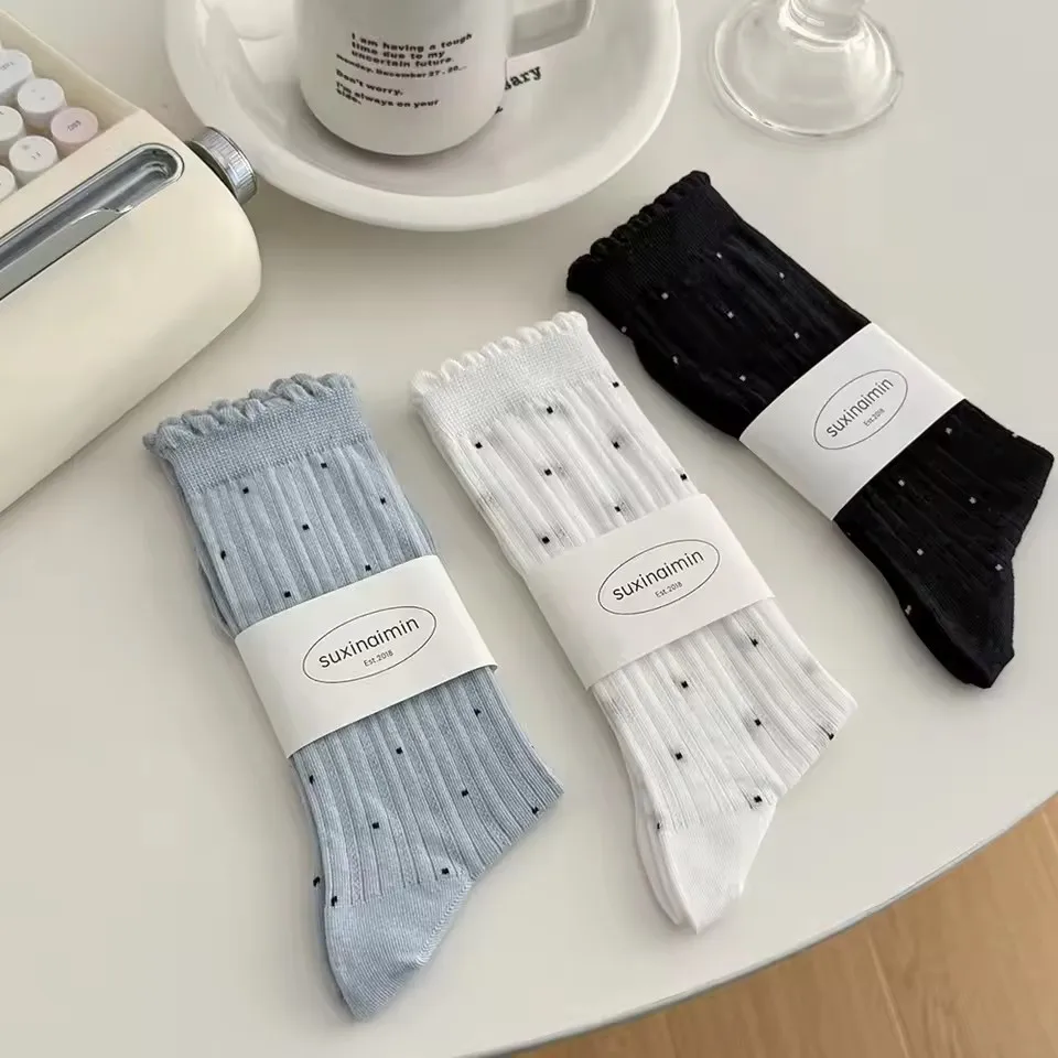 Sommer-Damensocken mit Polka-Dot-Muster, Retro Harajuku Baumwoll-Crew-Socken, Mädchen-Mode, Weiche Bequeme Japanische Kawaii Niedliche Socken