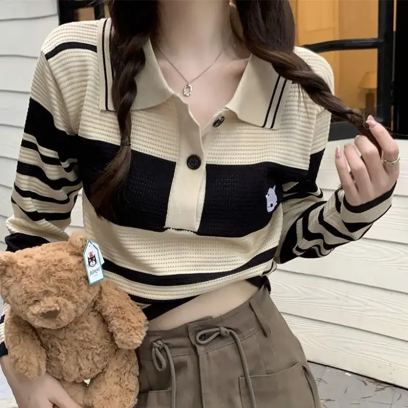 Polo Neck Striped Sweater Spring and Autumn New Niche Long-sleeved T-shirt Female Slim Top