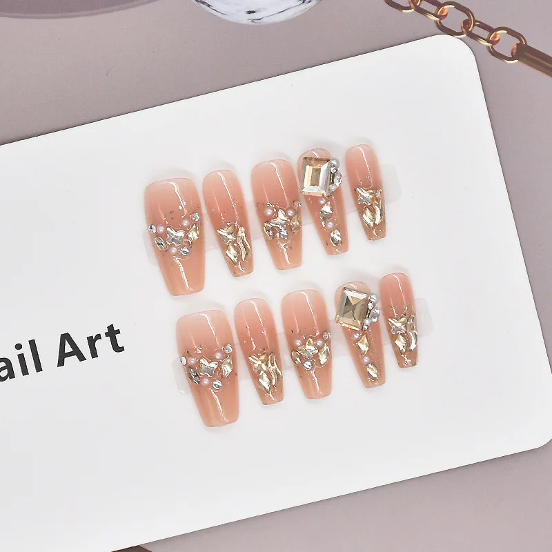 新しいシャンパンロングスタイルの高級ネイルプレスオンネイル