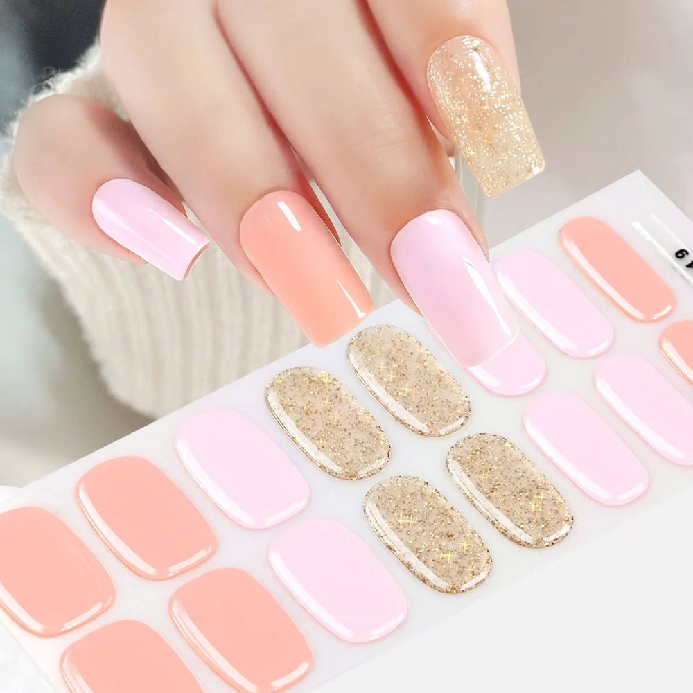 16Tips Solid Color & Glitter Semi Cured Gel Nail Strips Self-Adhesive Baking Free Elegant Gel Nail Sticker Full Coverage Decals