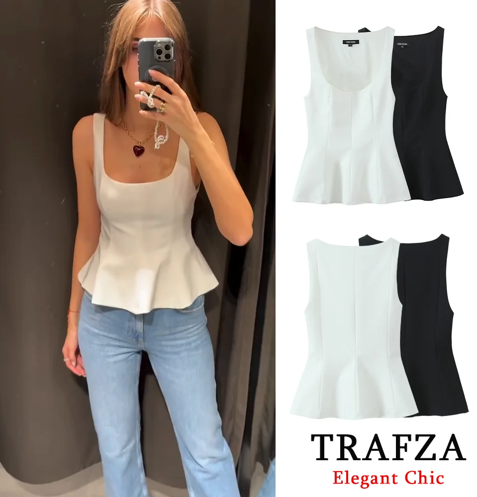 TRAFZA Women Sweet Elegant Tops Skirt Hem Halter Top New 2025 Fashion Spring Summer Romantic Casual Holidays Slim Tops