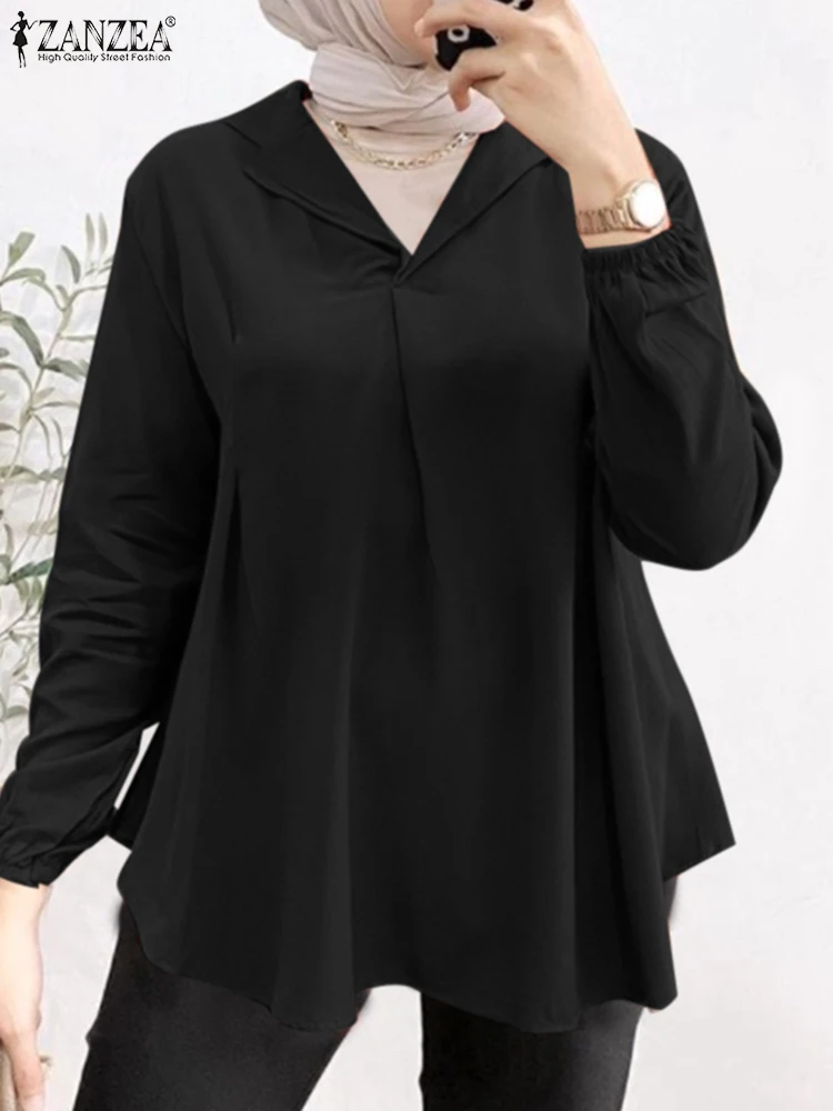 

Women Muslim Blouse ZANZEA Summer Long Sleeve V-Neck Shirt Tops Elegant Abaya Ramadan Blusas Turkey Kaftan Islamic Clothing