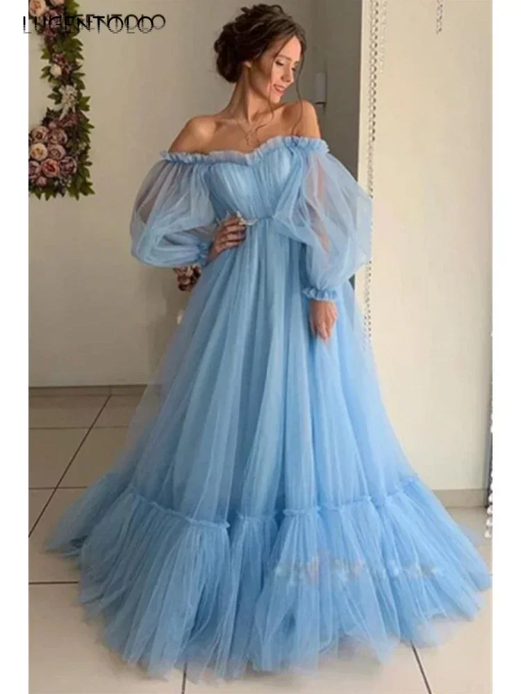 Frauen Sexy Gaze Kleid Slahs Hals Langarm Party Große Schaukel Dame Elegante Feste Dünne Sommer Hohe Taille Hochzeit Maxi Kleider