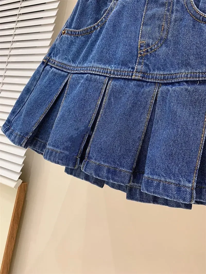 Girls\' Denim Skirt Pants 4-12Y Children\'s Summer Clothing Spring Autumn College Style High Waisted Washed Denim Pleated Skirt