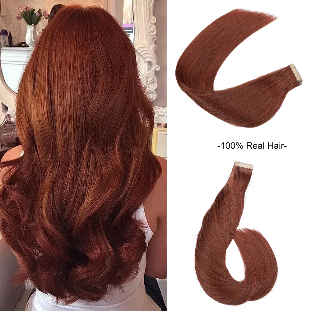 

Tape in Human Hair Extensions 100% Remy Hair Straight Skin Weft Invisible For Salon High Quality 14"-24" Dark Auburn Color Hair