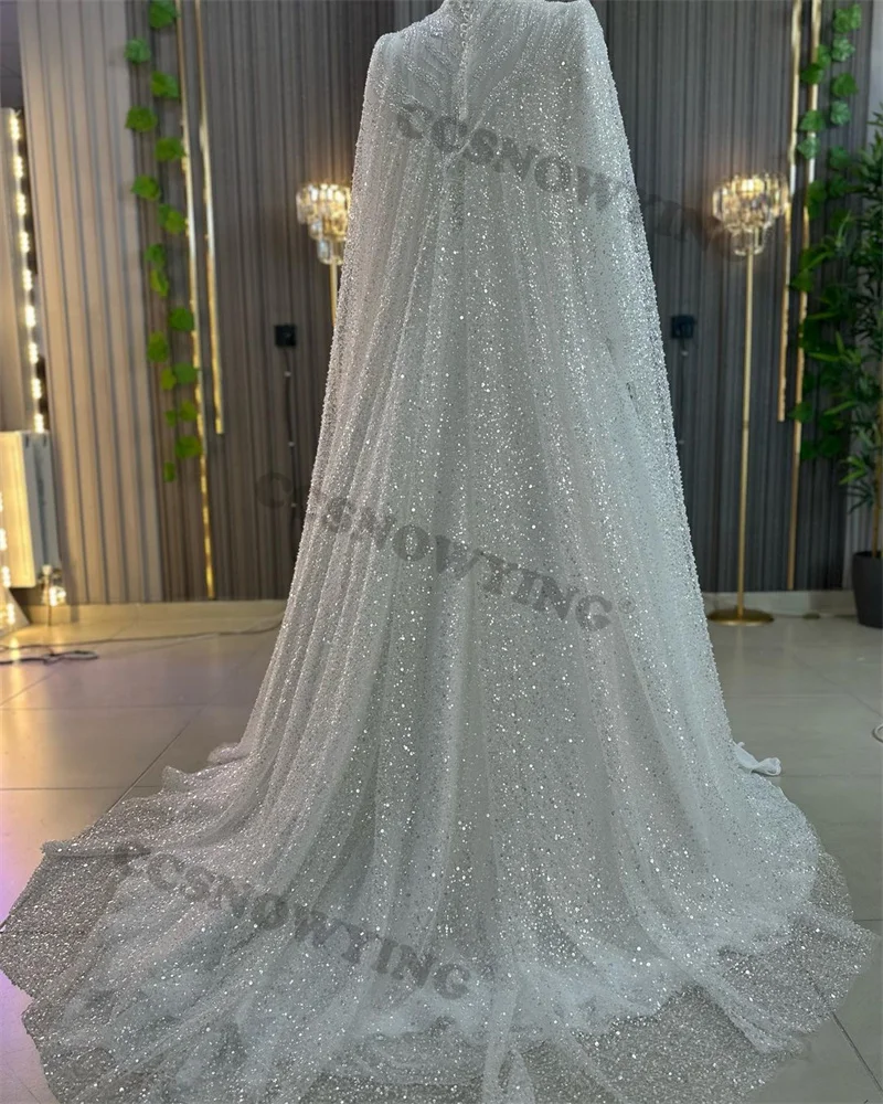 Wonderful  Chiffon Beaded Sequin Muslim White Puffy Sleeve  High Neck with Cape Wedding Dress Prom Dress Formal Occasion Dresses