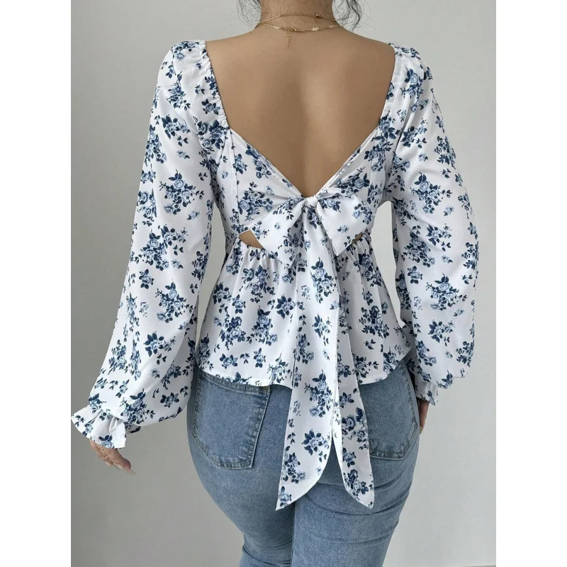 2026Women's clothing is fresh and sweetTSpring and summer square-neck puff-sleeve floral long-sleeve top