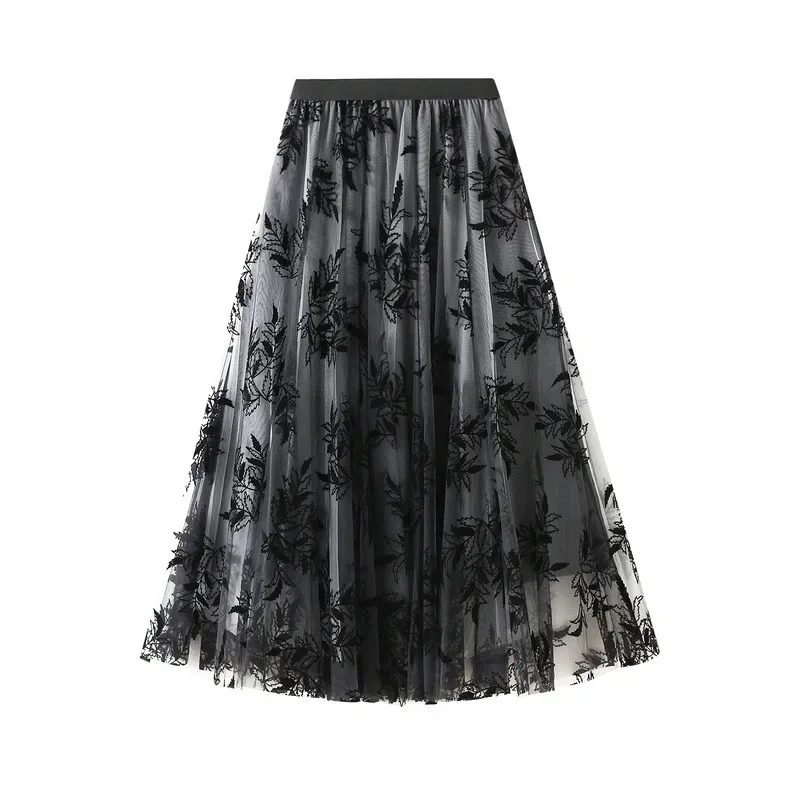 Women's Flocking Printed Chiffon Skirt in Autumn and Winter, Long A-line Large Swing Floral Mesh Skirt Suitable for All Seasons