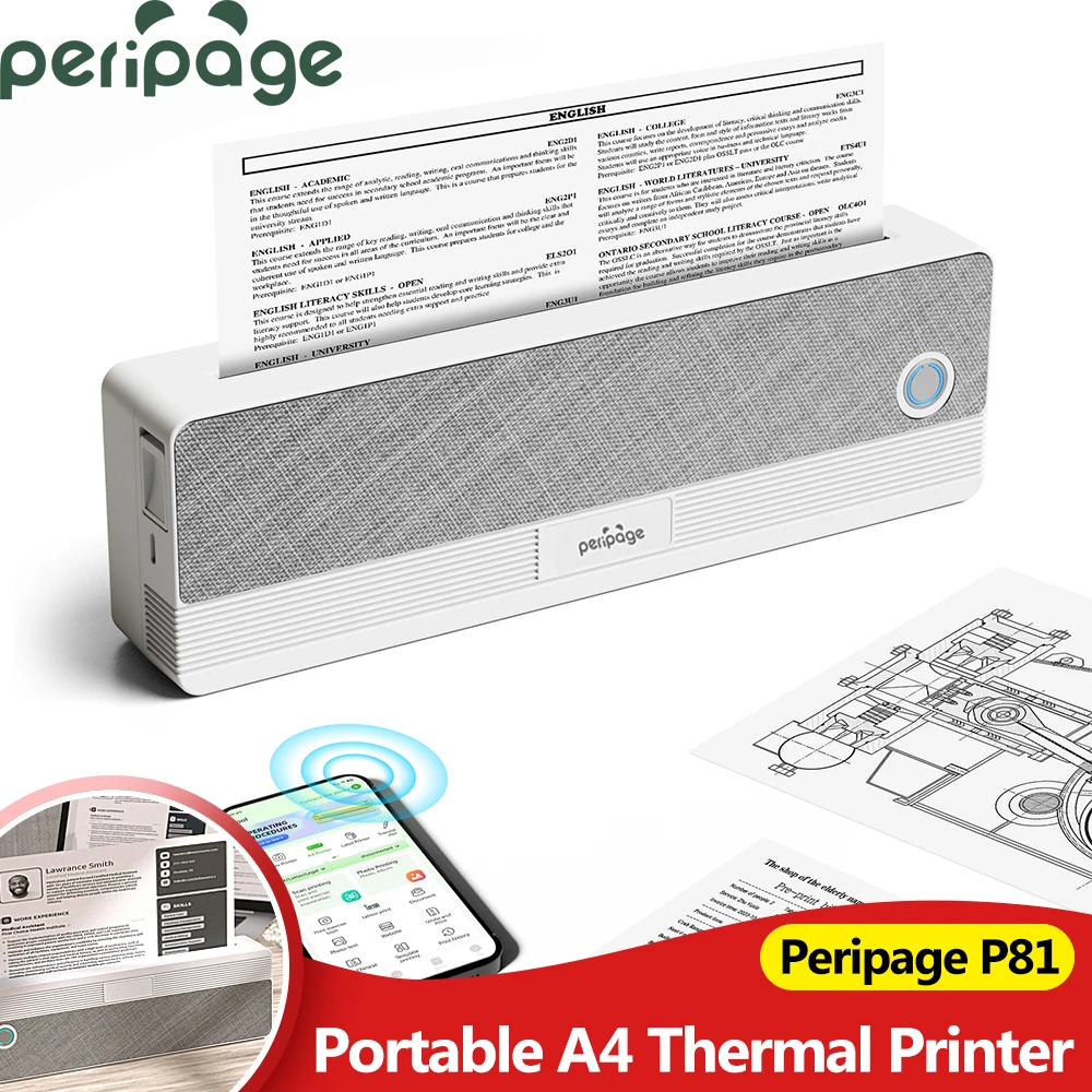 Peripage P81 Portable A4 Thermal Printer Photos PDF Document Bluetooth Inkless Printing Folded Rolls Paper For Office Work Home