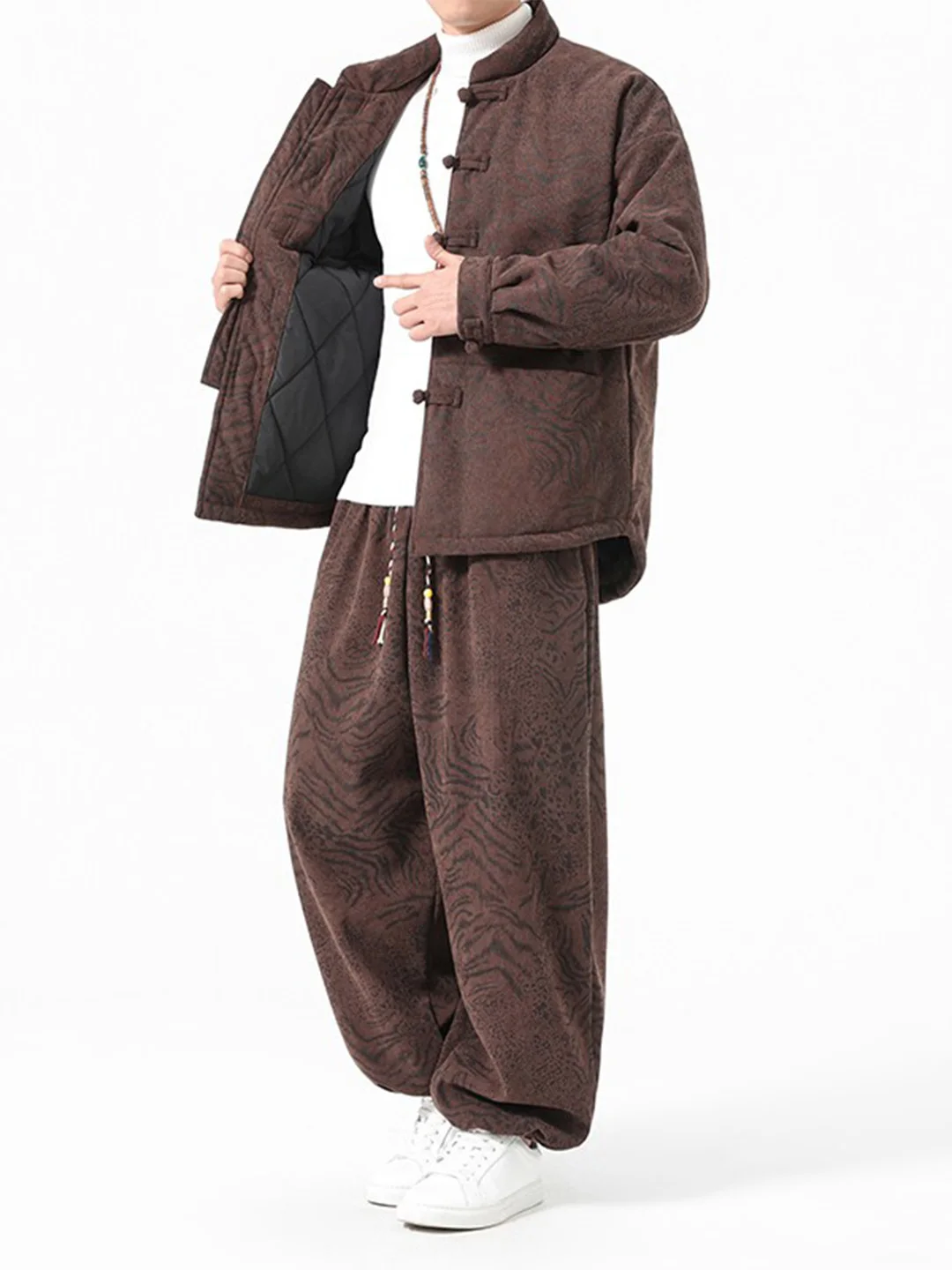 

Chinese Vintage Tang Suit Cotton Jacket And Wide Leg Pants Men's Ethnic Patterned Two Piece Set Fashionable And Stylish