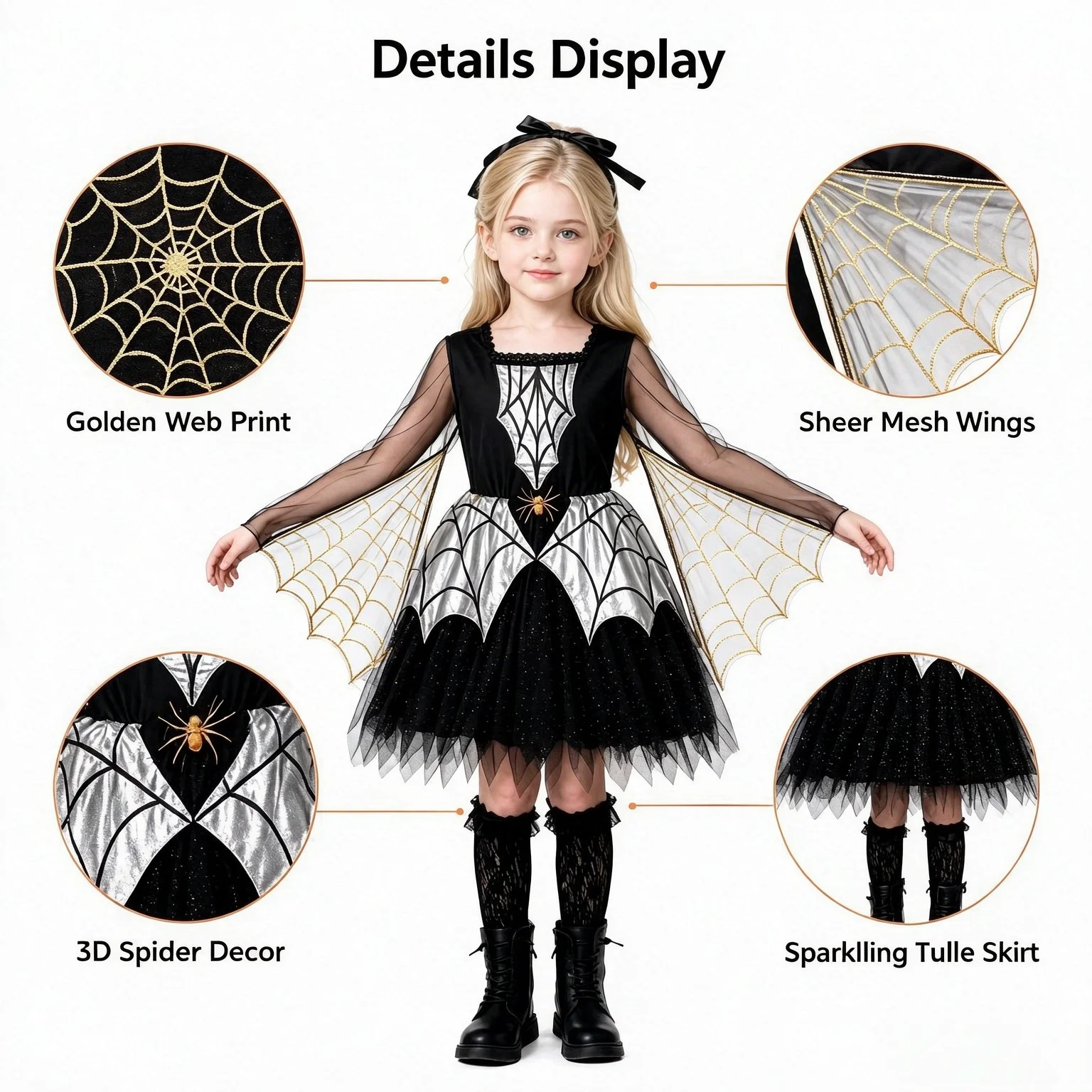 1er-Pack Mädchen-Kostüm mit Spinnen-Motiv, Spinnennetz-Umhang-Kleid, Halloween-Karnevals-Outfit für Bühnenauftritte & Cosplay-Partys – Detail 4