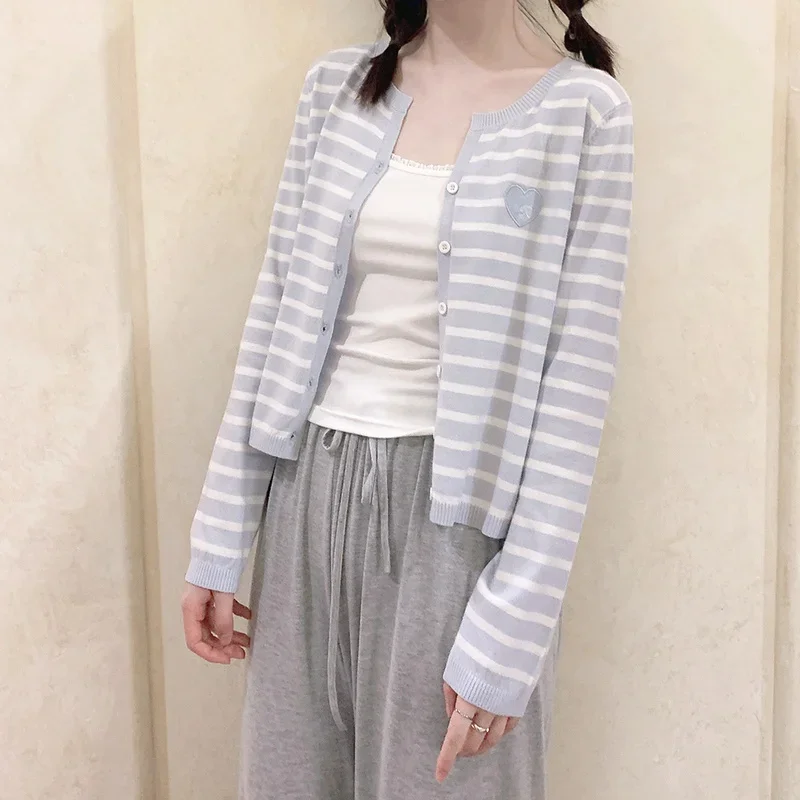 

Striped Knitted Cardigan Women Summer Heart Embroidery Sweet Girl Sweaters Kawaii Clothes