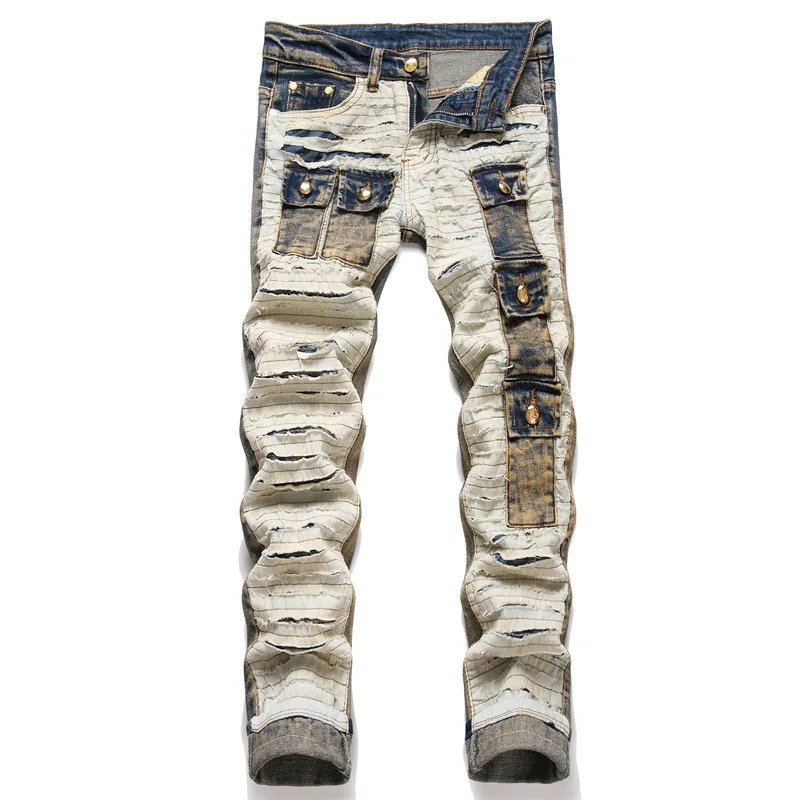 New Autumn 2023 Street Trend Color Matching Jeans Multi-Pocket Ripped Mid-Waist Slim Stretch Pencil Pants